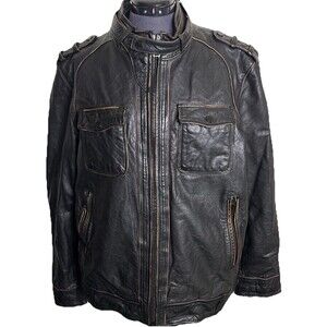 Black Rivet Cafe Racer Motorcycle Leather Jacket Mens XL Brown Distressed Finish